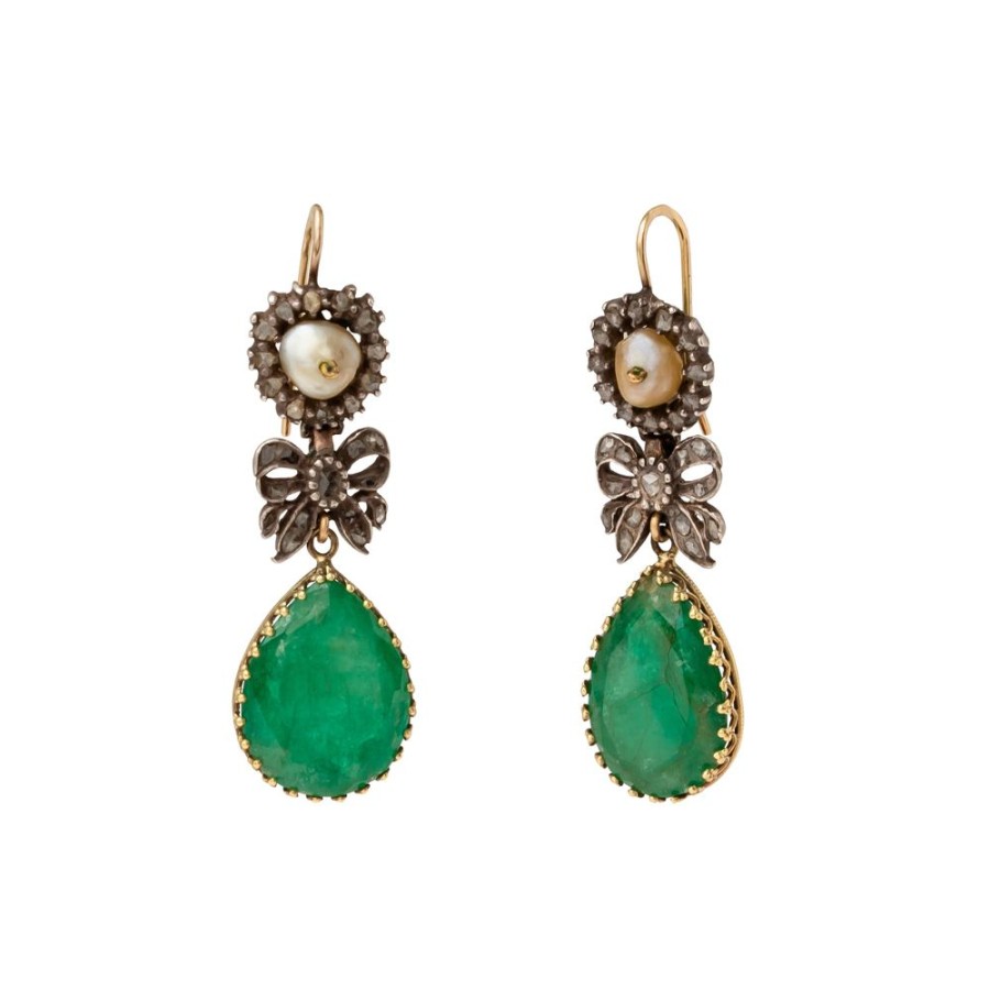 Jewelry Antique & Vintage Jewelry | 19Th Century Pearl & Emerald Earrings