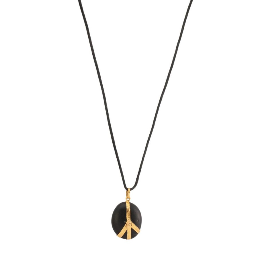 Jewelry Lou Zeldis & Liz Marx Studios | Black Japanese River Pebble Peace Sign Single Drop Pendant Necklace