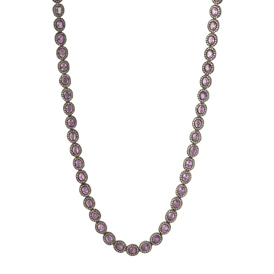 Jewelry Munnu The Gem Palace | Pink Sapphire & Round Cut Diamond Indo Russian Flat Oval Link Necklace