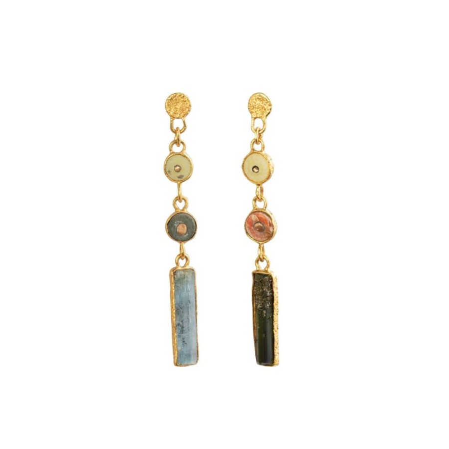 Jewelry Lou Zeldis & Liz Marx Studios | Pre-Colombian Chimu Bead, Coral, And Tourmaline 3 Drop Earrings