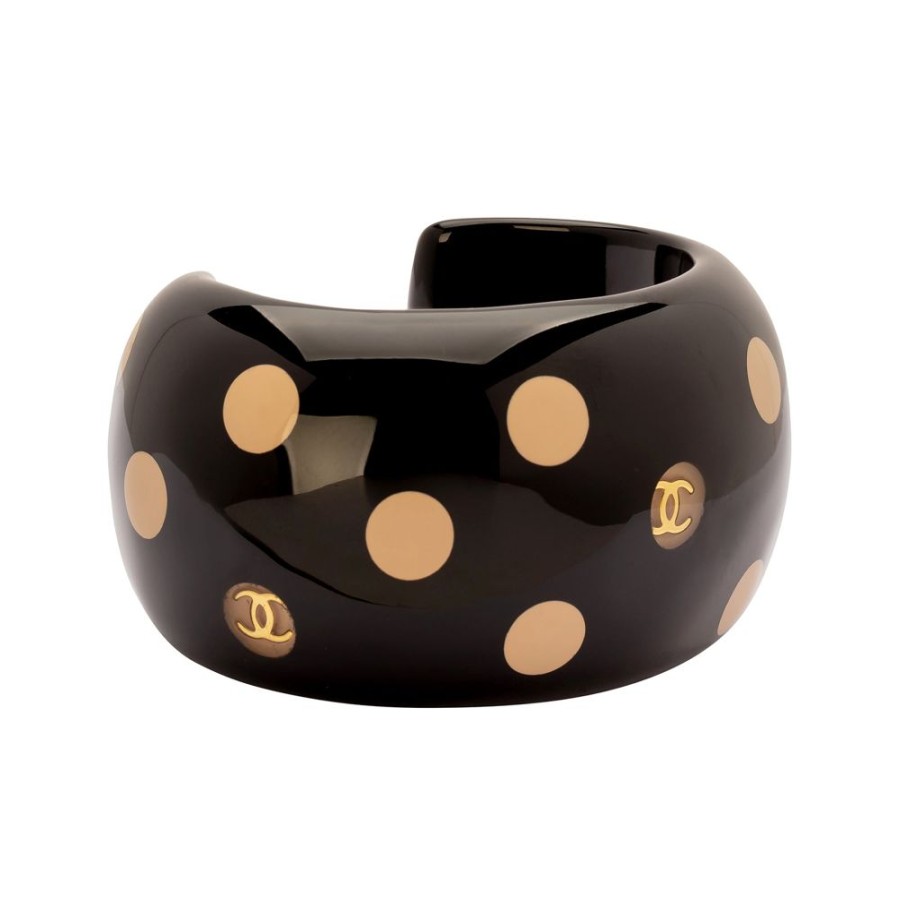 Jewelry Antique & Vintage Jewelry | Chanel Black & Beige Polka Dot Acrylic Cuff