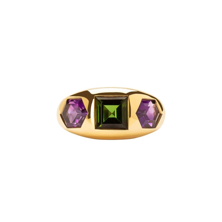 Jewelry Gerald & I | Three Stone Square Cut Ring - Green Tourmaline And Amethyst