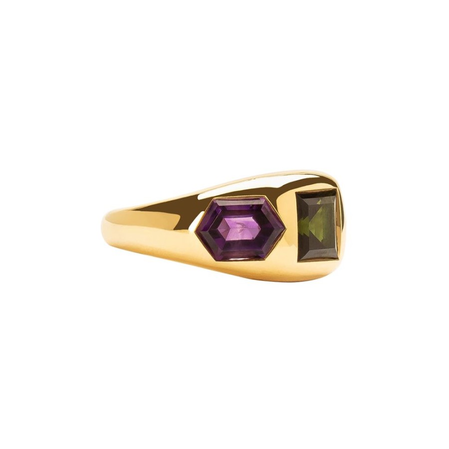 Jewelry Gerald & I | Three Stone Square Cut Ring - Green Tourmaline And Amethyst