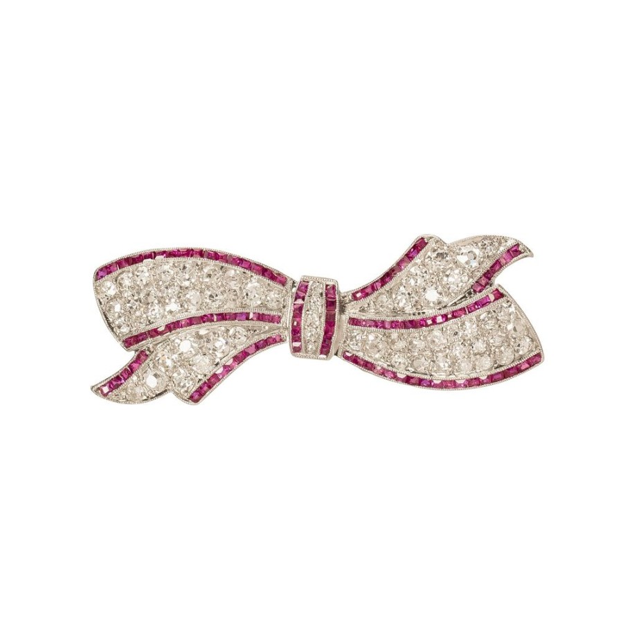 Jewelry Antique & Vintage Jewelry | Art Deco Calibre Ruby & Diamond Bow Brooch