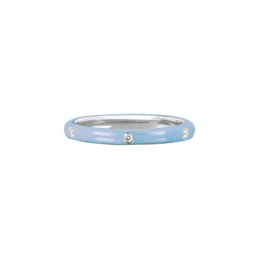 Jewelry EF Collection | 3 Diamond Baby Blue Enamel Stack Ring - White Gold