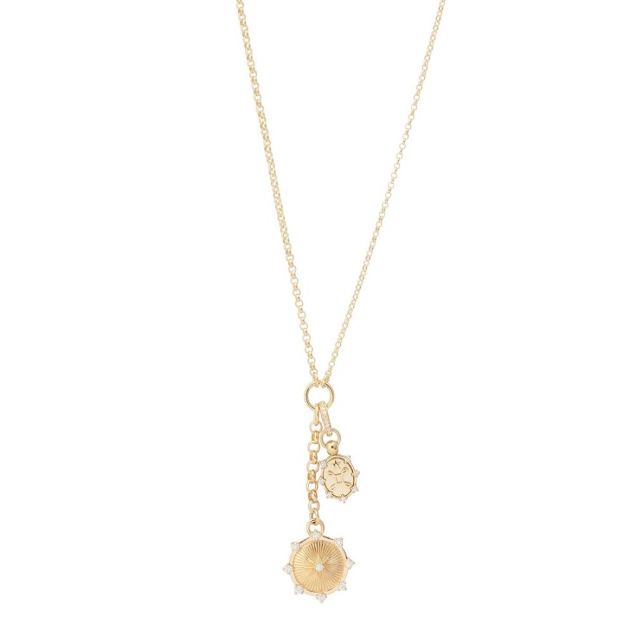 Jewelry Foundrae | Small Mixed Belcher Baby Spark Medallion & Mini True Love Crest Diamond Necklace