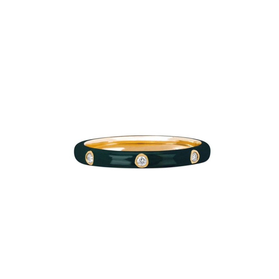 Jewelry EF Collection | 3 Diamond Hunter Green Enamel Stack Ring - Yellow Gold