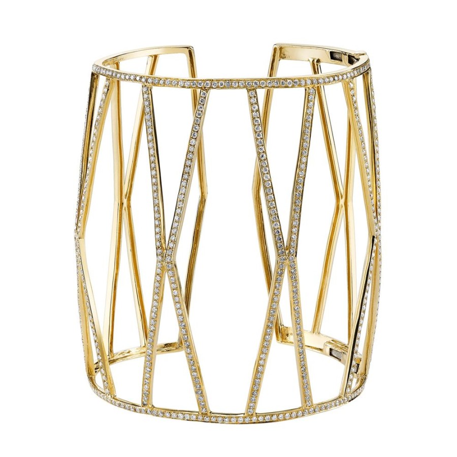 Jewelry Borgioni | Extra Large Hexagon Diamond Open Cuff - Yellow Gold