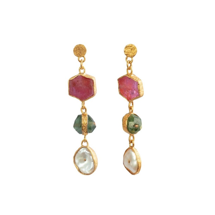 Jewelry Lou Zeldis & Liz Marx Studios | Burmese Ruby, Sapphire, And Pearl Keshi 3 Drop Earrings