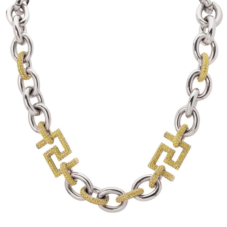 Jewelry Antique & Vintage Jewelry | Versace Thick Oval Chain Link Necklace With Pave Greek Keys