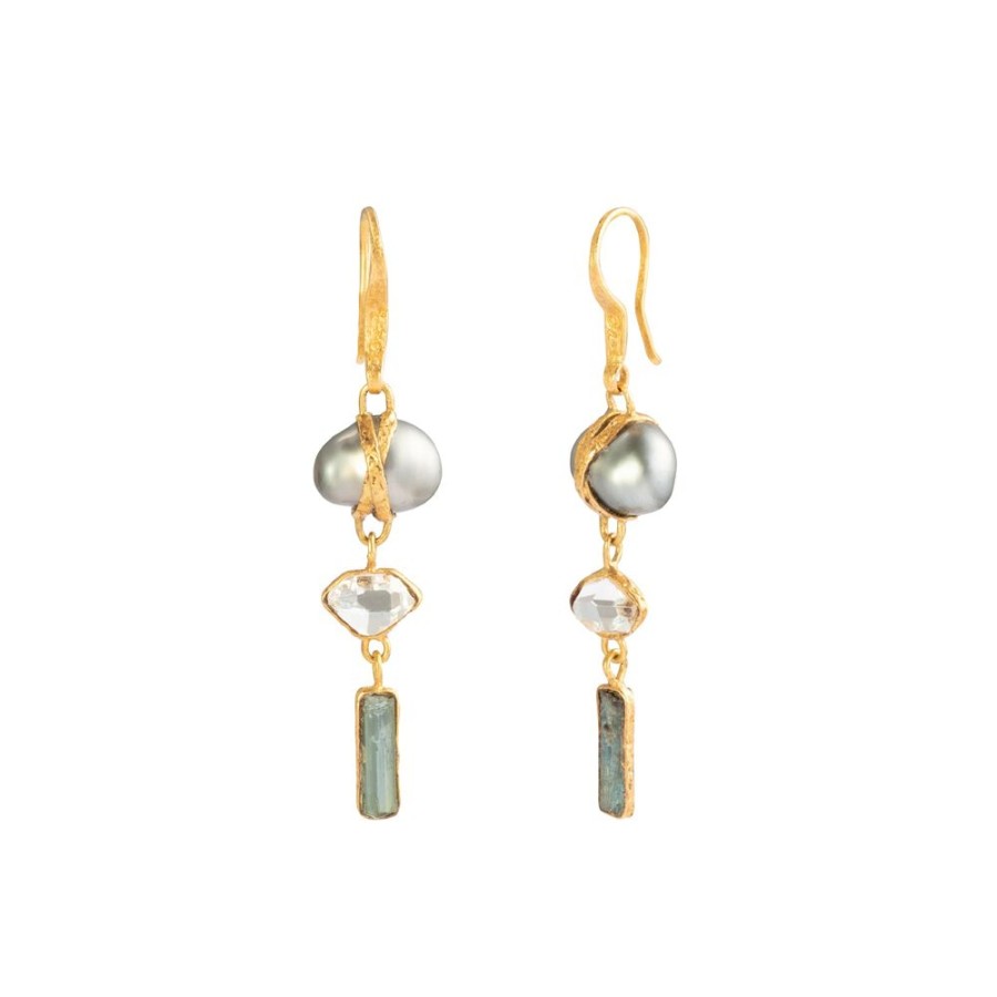 Jewelry Lou Zeldis & Liz Marx Studios | Tahitian Pearl, Herkimer Diamond, And Tourmaline 3 Drop Earrings