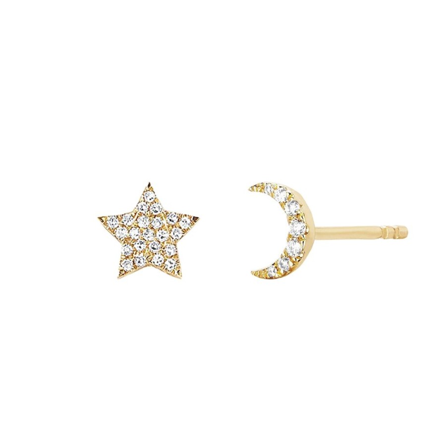 Jewelry EF Collection | Diamond Moon & Star Stud Earrings - Yellow Gold