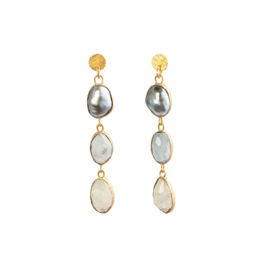 Jewelry Lou Zeldis & Liz Marx Studios | Tahitian Pearl And Sapphire 3 Drop Earrings