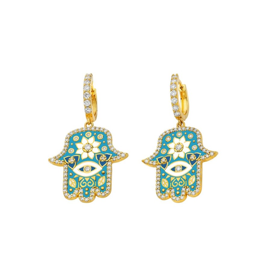 Jewelry Buddha Mama | Hamsa Huggies - Sky Blue Enamel