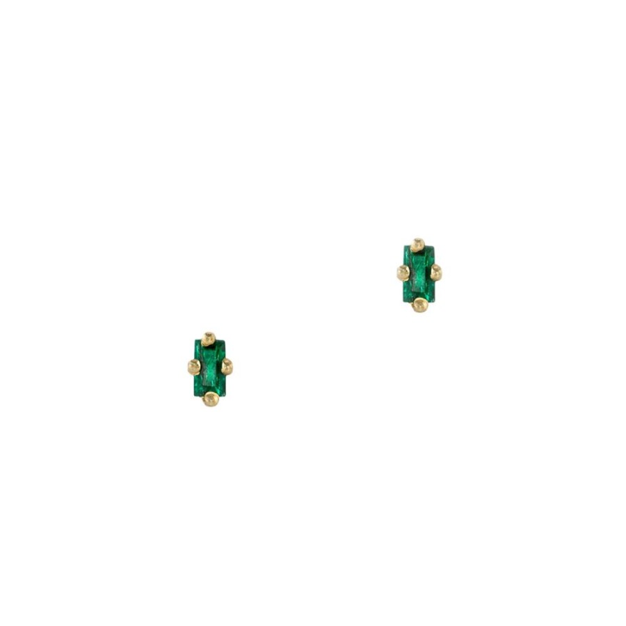 Jewelry Lizzie Mandler | Baguette Mini Stud - Emerald & Gold