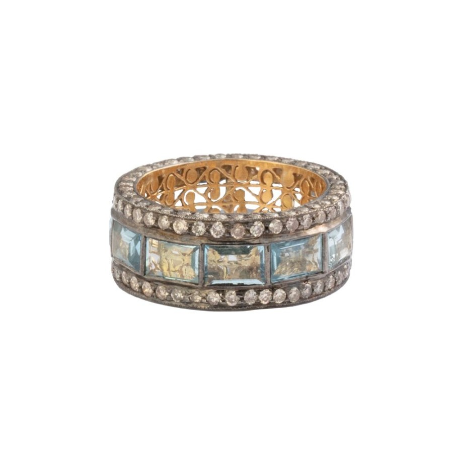 Jewelry Munnu The Gem Palace | Diamond & Aquamarine Lattice Band Ring