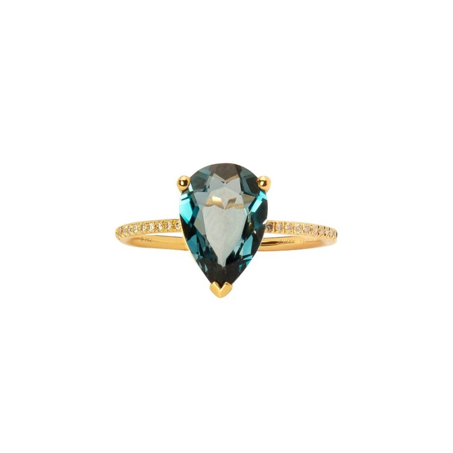 Jewelry Persée Paris | Pear Cut Blue Topaz & Diamond Ring - Yellow Gold