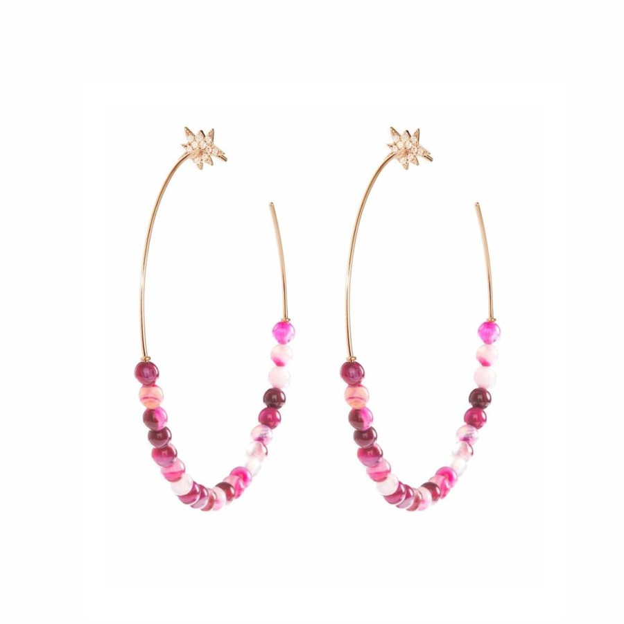 Jewelry Diane Kordas | Explosion Motif Hoop Earrings With Pink Agate Beads