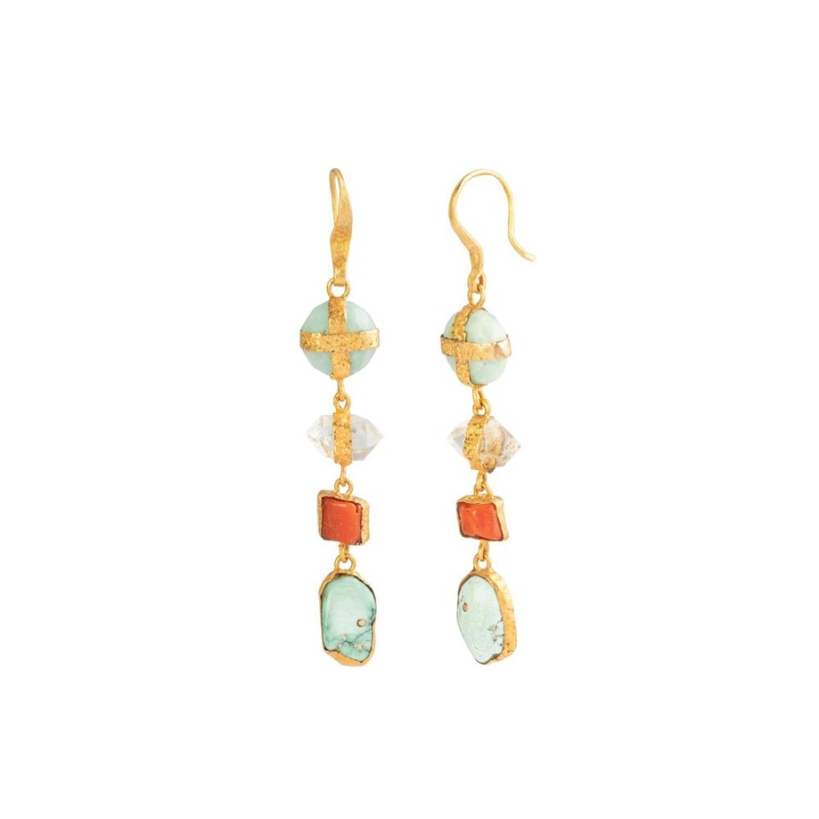 Jewelry Lou Zeldis & Liz Marx Studios | Aquamarine, Herkimer Diamond, Coral, And Turquoise 4 Drop Earrings