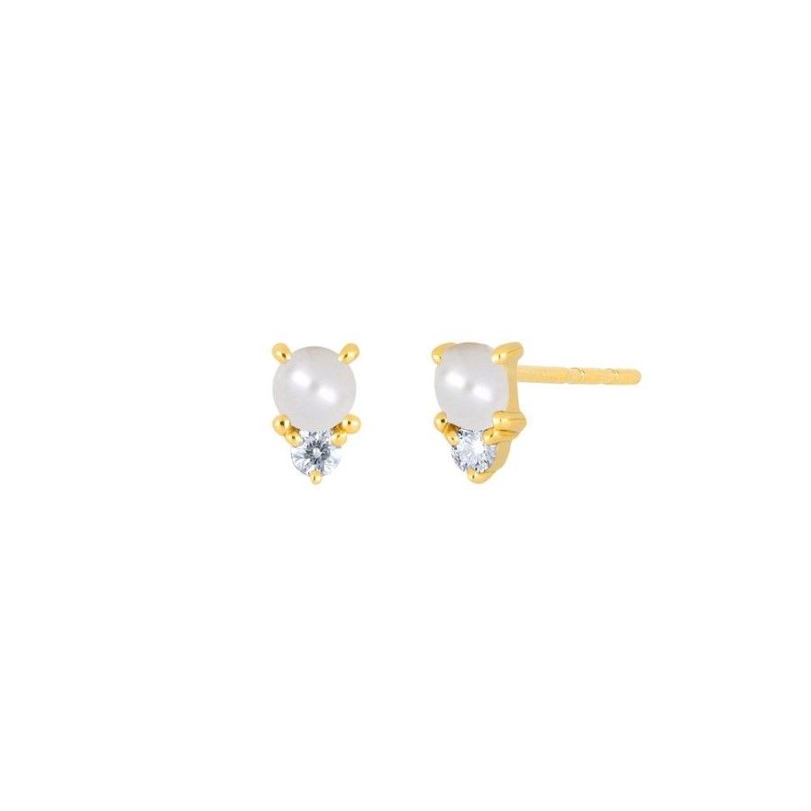 Jewelry EF Collection | Mini Pearl Birthstone Studs - Yellow Gold