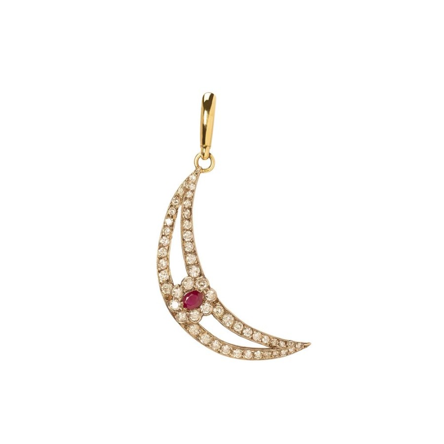 Jewelry Jenna Blake | Vintage Ruby & Diamond Flower Crescent Charm