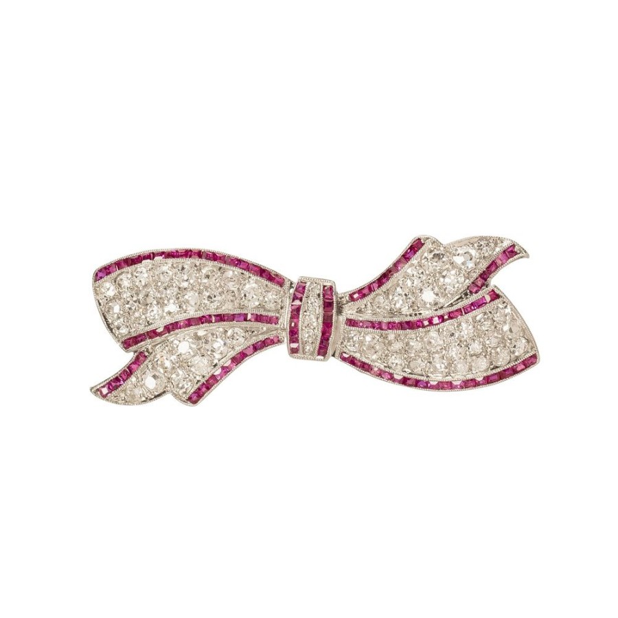 Jewelry Antique & Vintage Jewelry | Art Deco Calibre Ruby & Diamond Bow Brooch