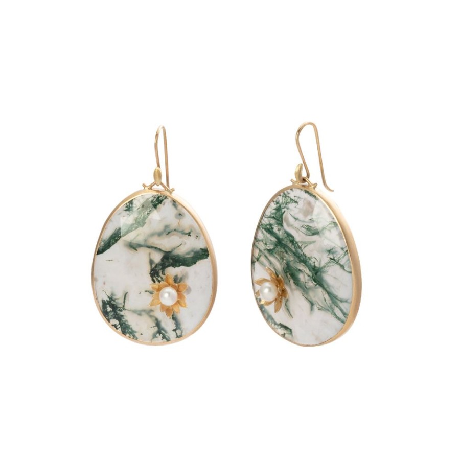 Jewelry Annette Ferdinandsen | Moss Agate And Pearl Lily Blossom Monet Waterlily Earrings