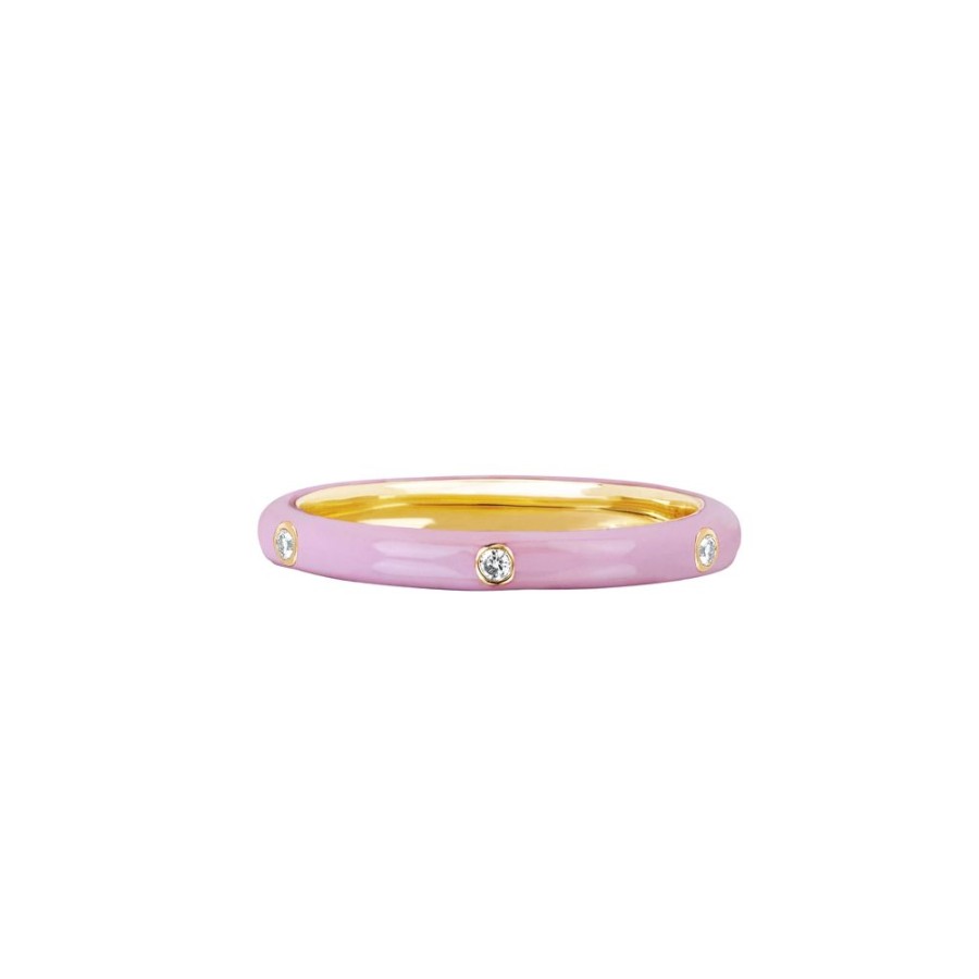 Jewelry EF Collection | 3 Diamond Light Pink Enamel Stack Ring - Yellow Gold