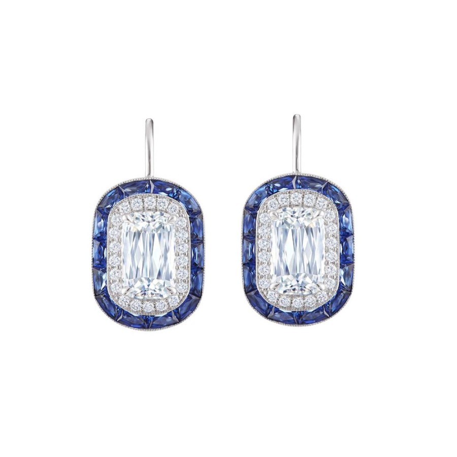 Jewelry Kwiat | Ashoka Diamond And Calibre Sapphire Halo Drop Earrings - White Gold