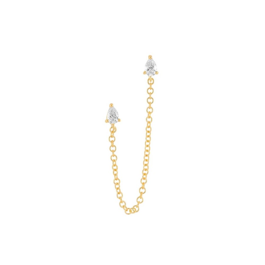 Jewelry EF Collection | Double Pear Diamond Chain Stud Earring - Yellow Gold